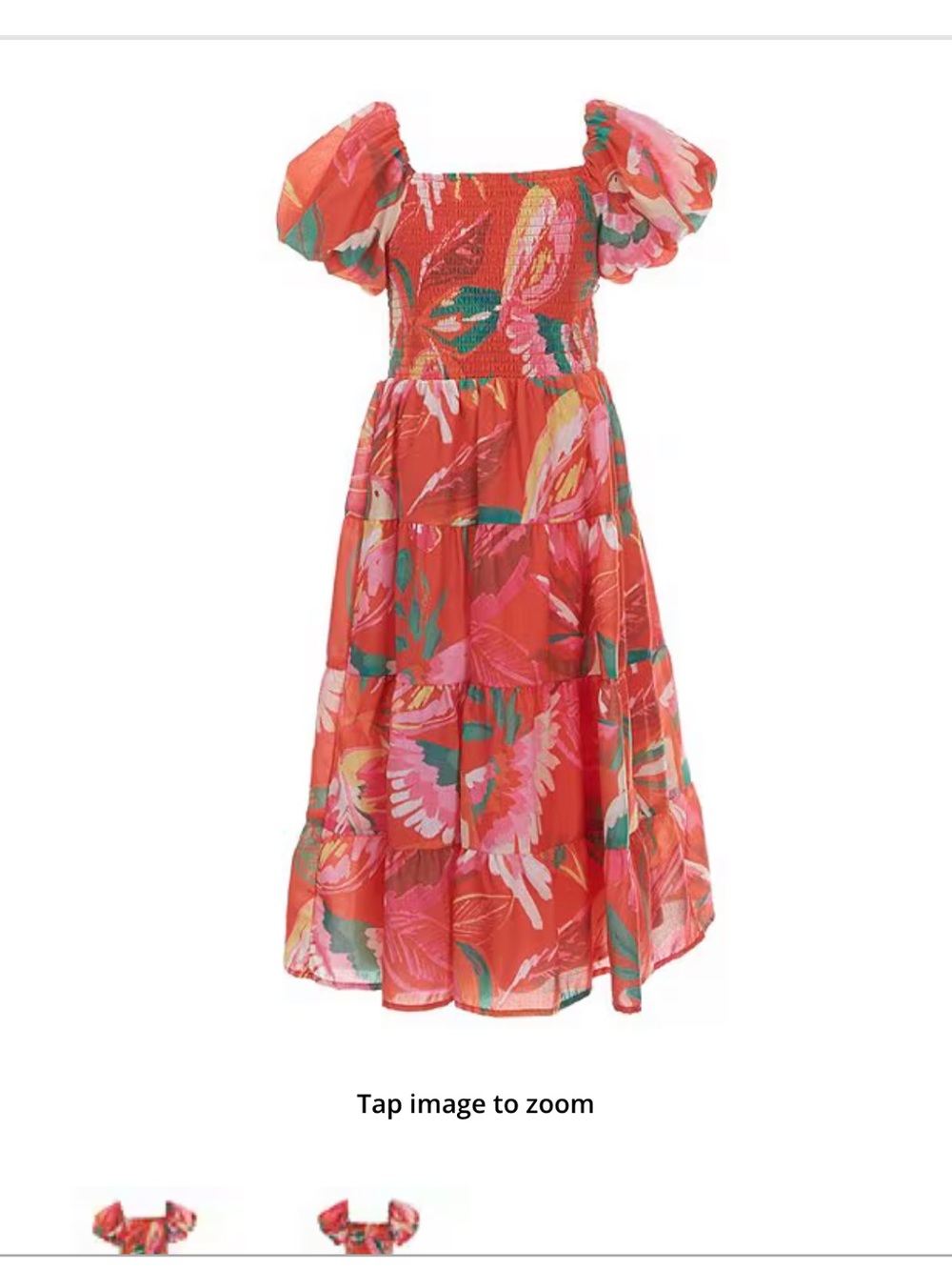 Coral Floral Puff-Sleeve Tiered Smocked Dress for Girls